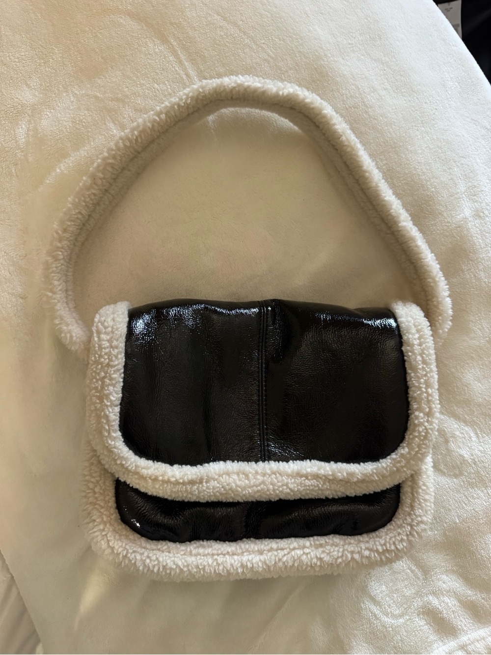 Black Faux Leather Shoulder Bag with White Shearling Trim